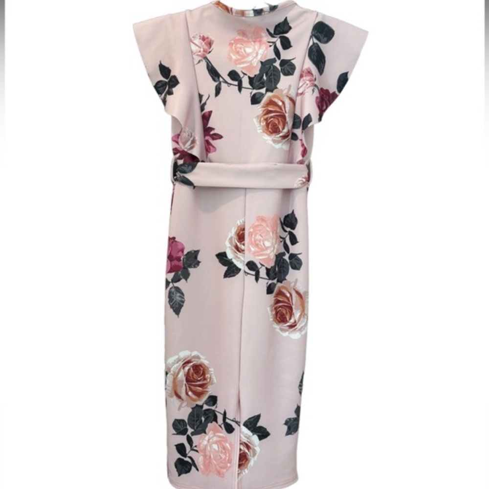 Floral Print Ruffle Detail Midi Dress Romantic Flowers Dusty Rose Pink Size 4 - Picture 13 of 16